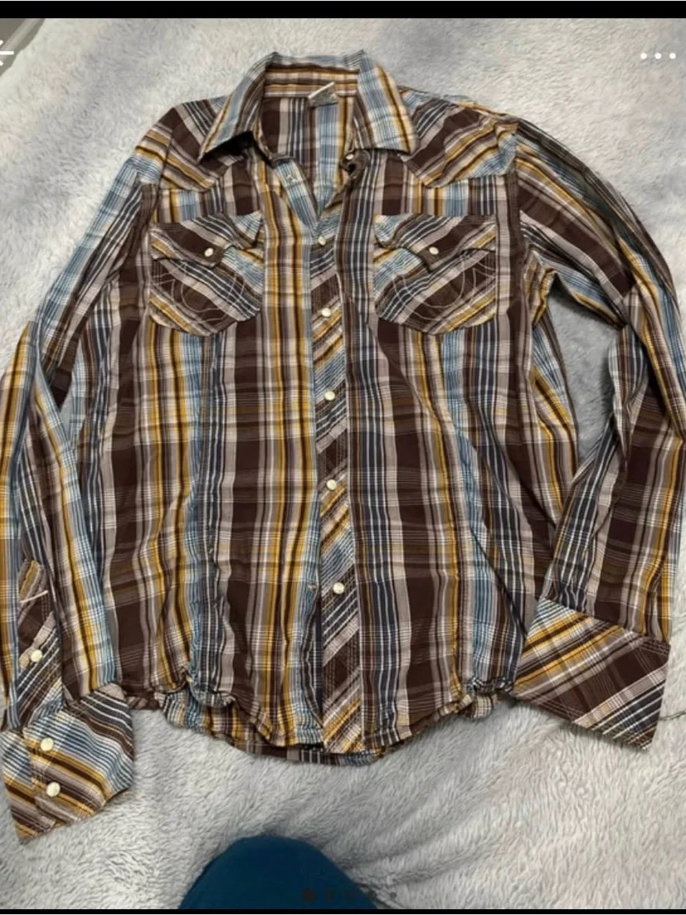 Original True Religion Men's Brown Plaid Button-Up Shirt with Yellow & Blue Stri